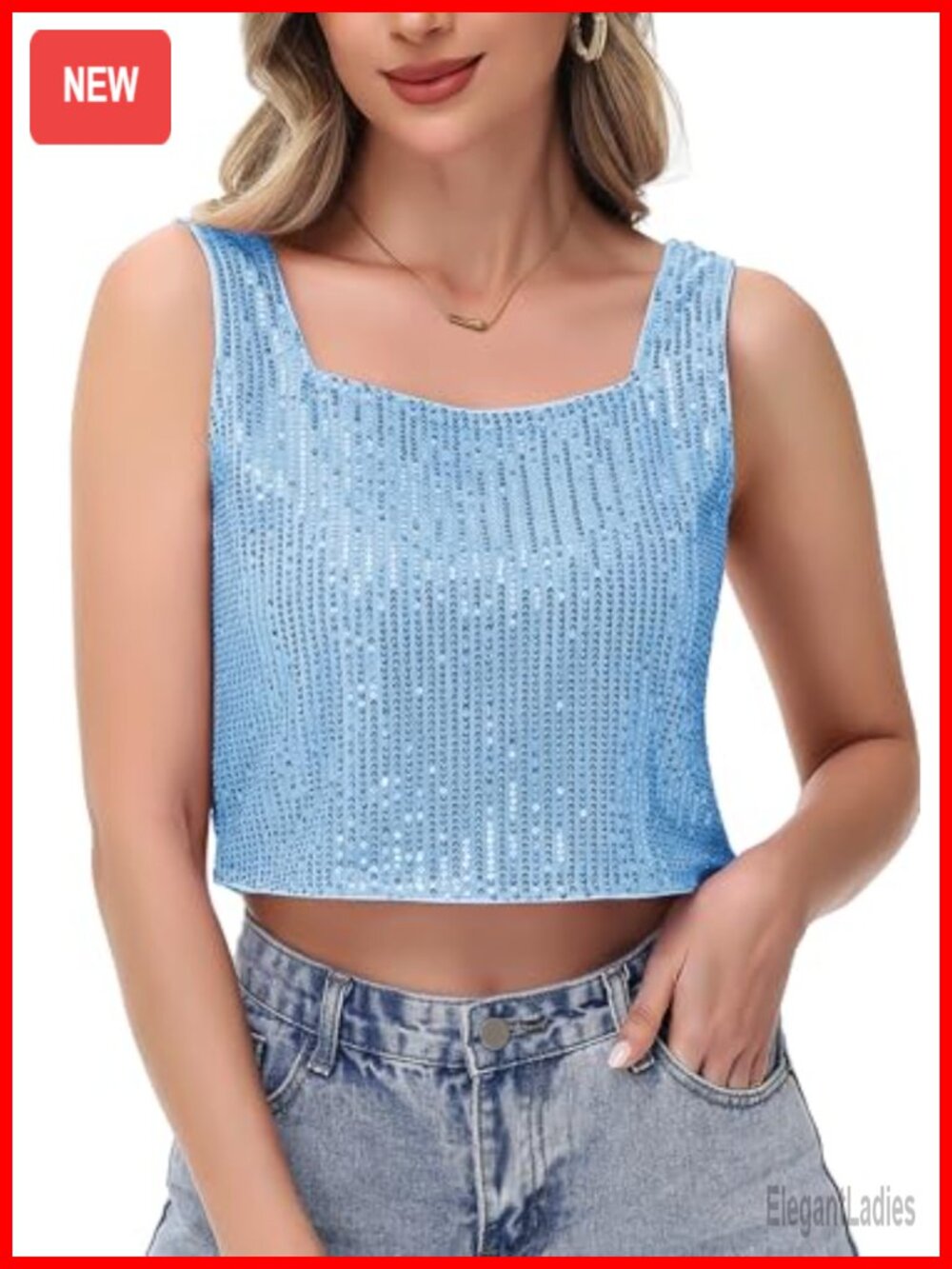 Sequin Cropped Tank Top Wide Straps Square Neckline Party